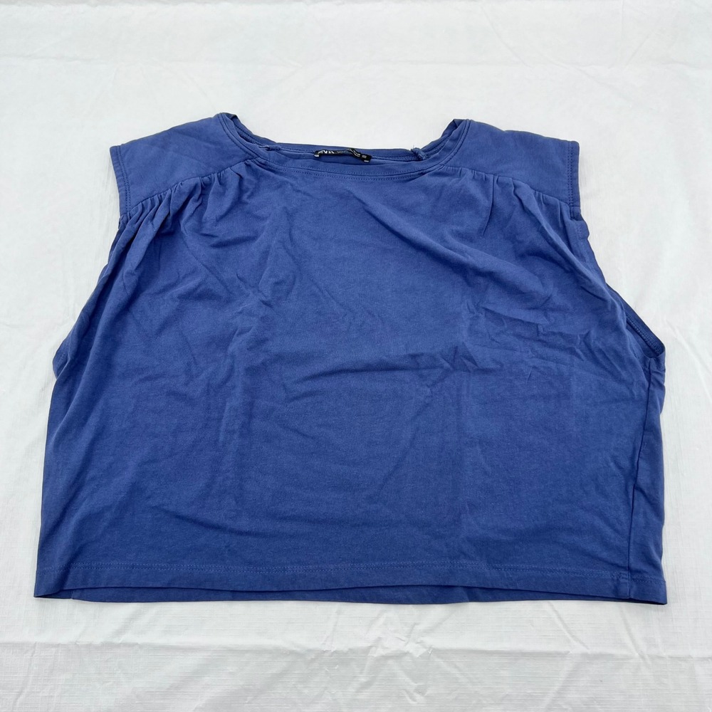 Zara Women Blue Padded Shoulder Muscle Tank Top Cropped Crew Neck Size L 113